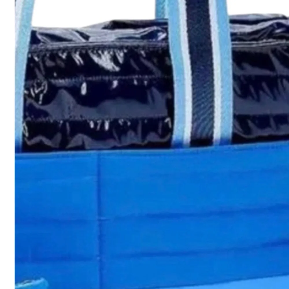 THINK ROYLN Blue Quilted Tote with Striped Strap and Matching Pouch